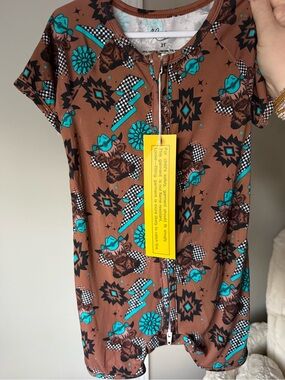 BAMBOO Brown and Teal Southwestern Print Kids Romper